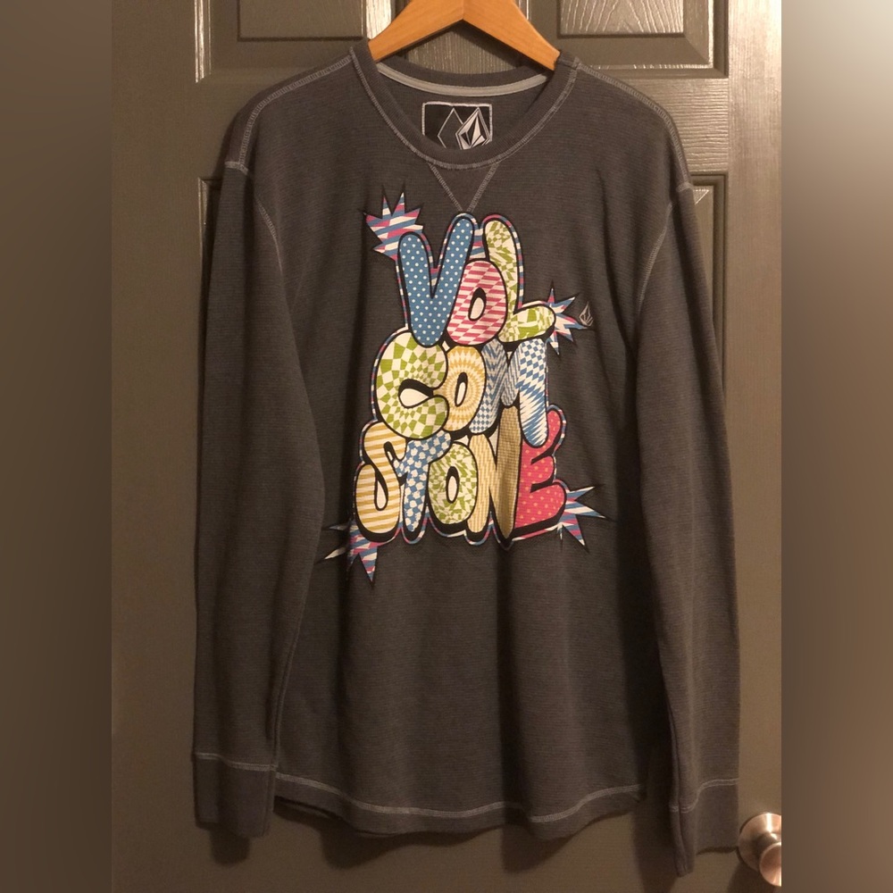 Volcom Y2K Men’s 2XL Gray Insane Graphic Surfer Pullover Thermal Waffle Knit